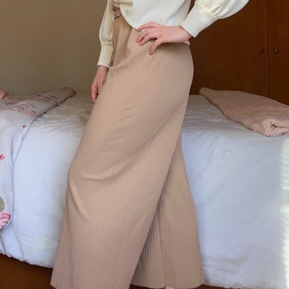 Tan Wide-Leg Pleated Pants - Picture 2 of 6